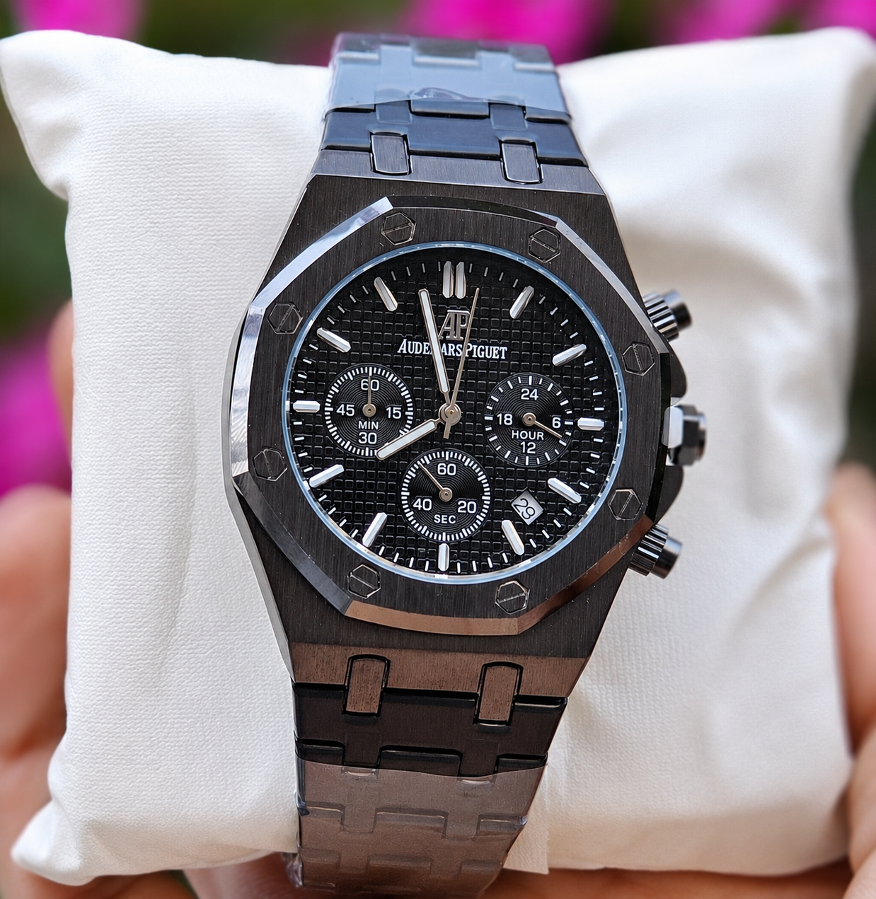 Black Chronograph Style Watch with Metal Bracelet