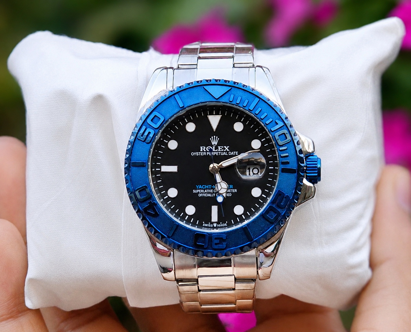 Silver Stainless Steel Watch with Blue Bezel and Black Dial
