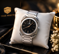 Silver Stainless Steel Watch with Black Dial and Metal Bracelet