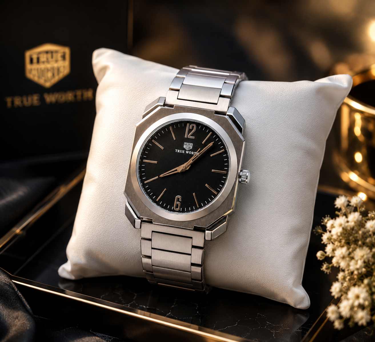 Silver Stainless Steel Watch with Black Dial and Metal Bracelet