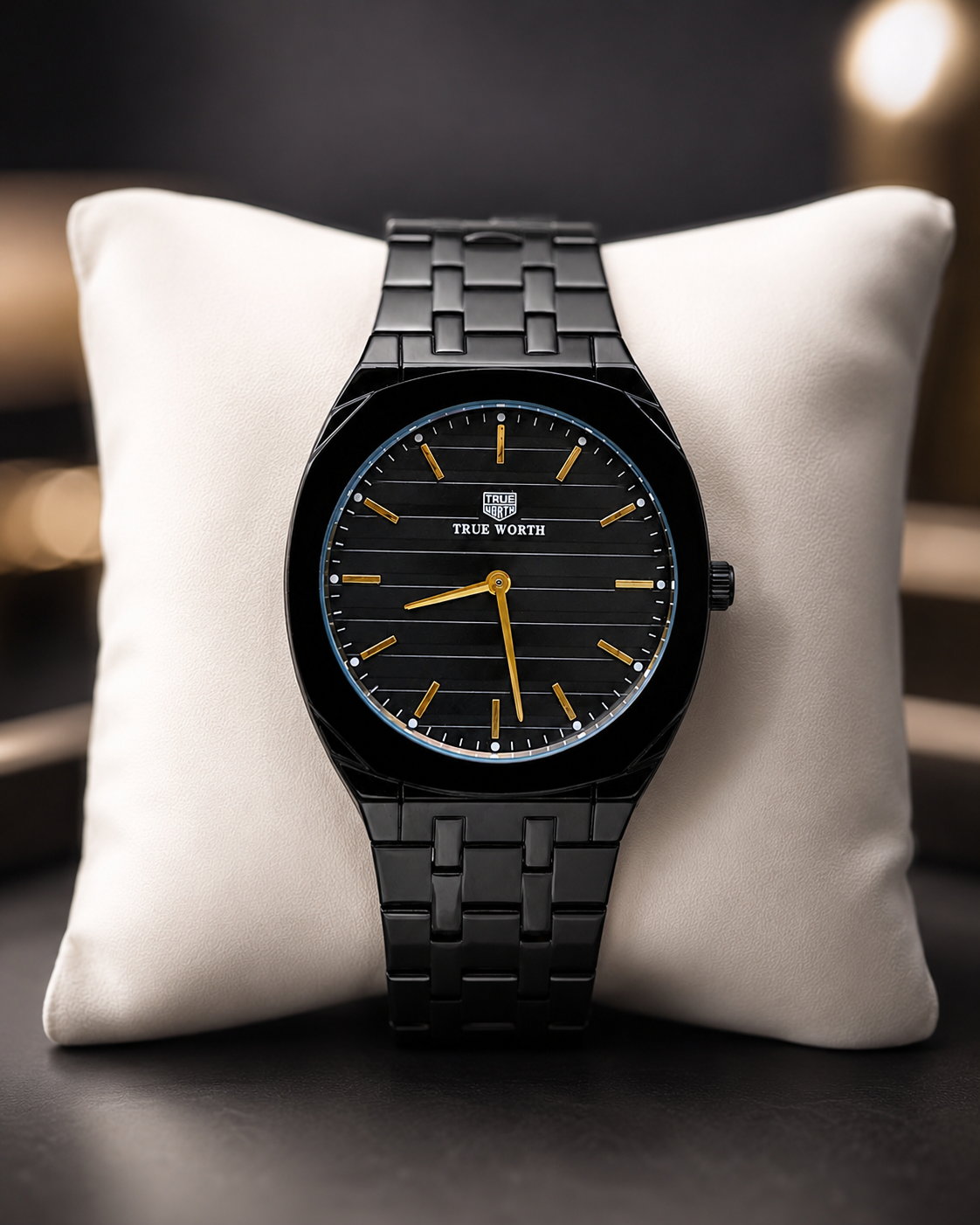 Black Stainless Steel Watch with Gold Markers and Metal Bracelet