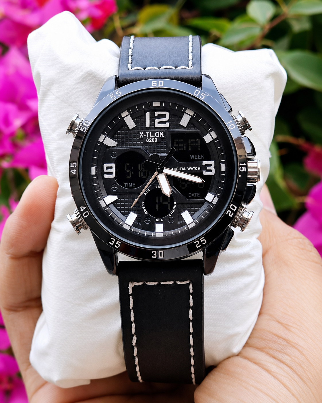 Black Sports Watch with Leather Strap and Multi-Function Dial