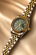 Two-Tone Women’s Watch with Green Dial and Fluted Gold Bezel