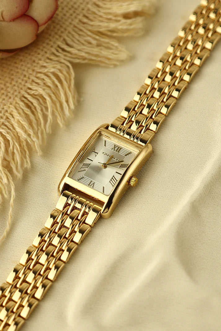 Gold Rectangular Women’s Watch with Roman Numeral Dial