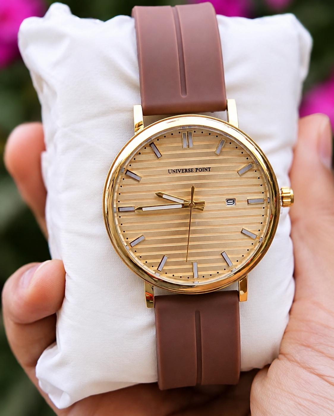 Gold Dial Watch with Brown Leather Strap and Date Display