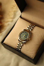 Two-Tone Women’s Watch with Green Dial and Fluted Gold Bezel