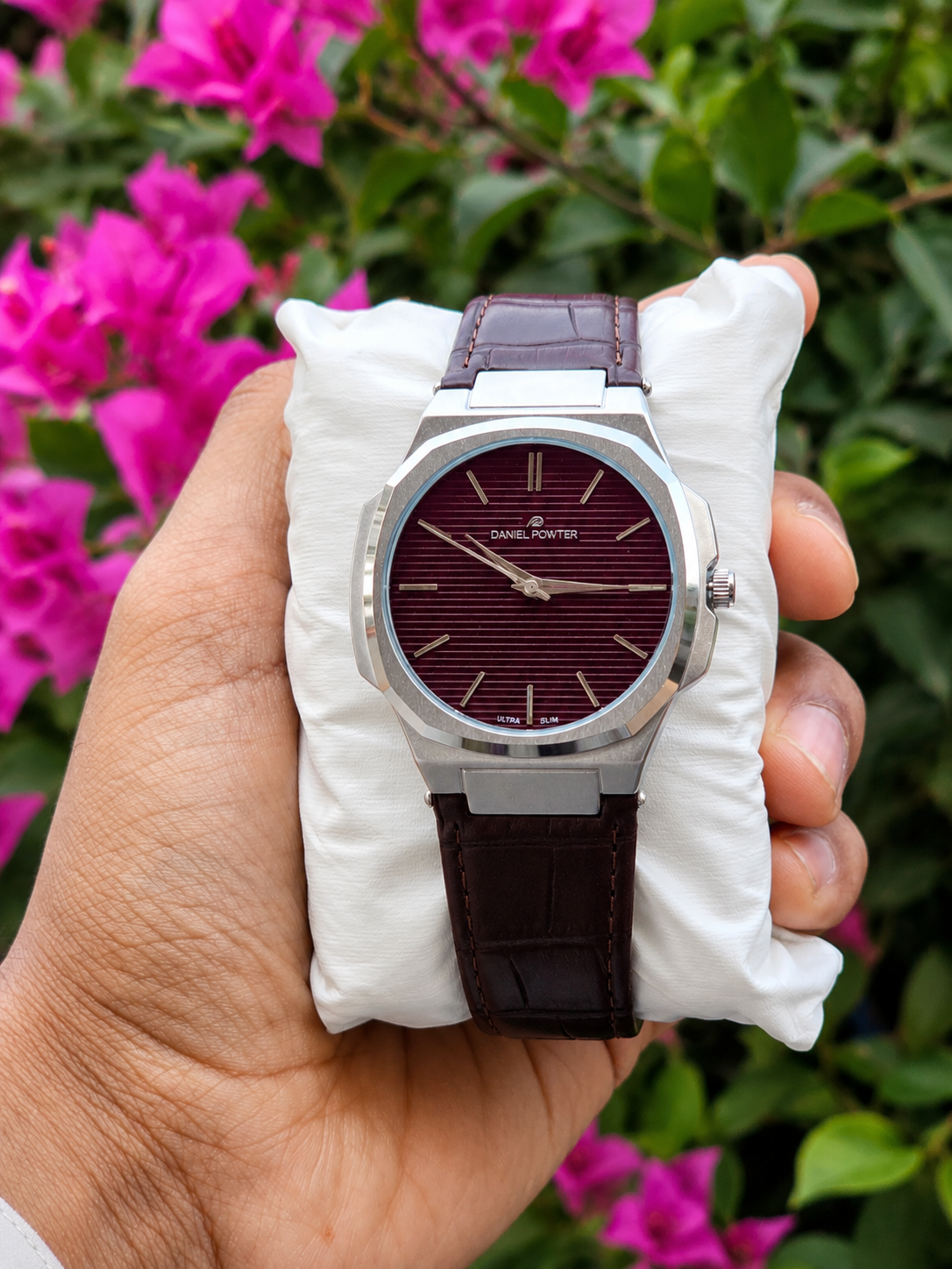 Men’s Brown Leather Strap Watch with Brown Dial and Silver Case
