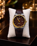 Men’s Brown Leather Strap Watch with Textured Dial and Gold Bezel