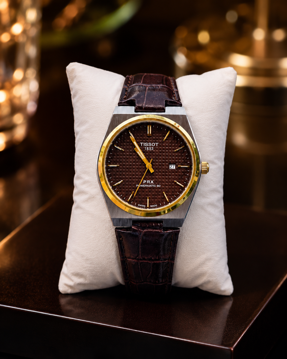 Men’s Brown Leather Strap Watch with Textured Dial and Gold Bezel