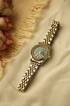 Two-Tone Women’s Watch with Green Dial and Fluted Gold Bezel