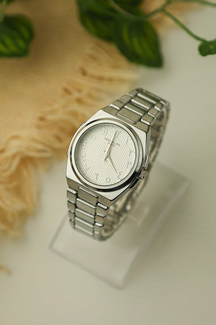 Silver Women’s Watch with White Textured Arabic Dial
