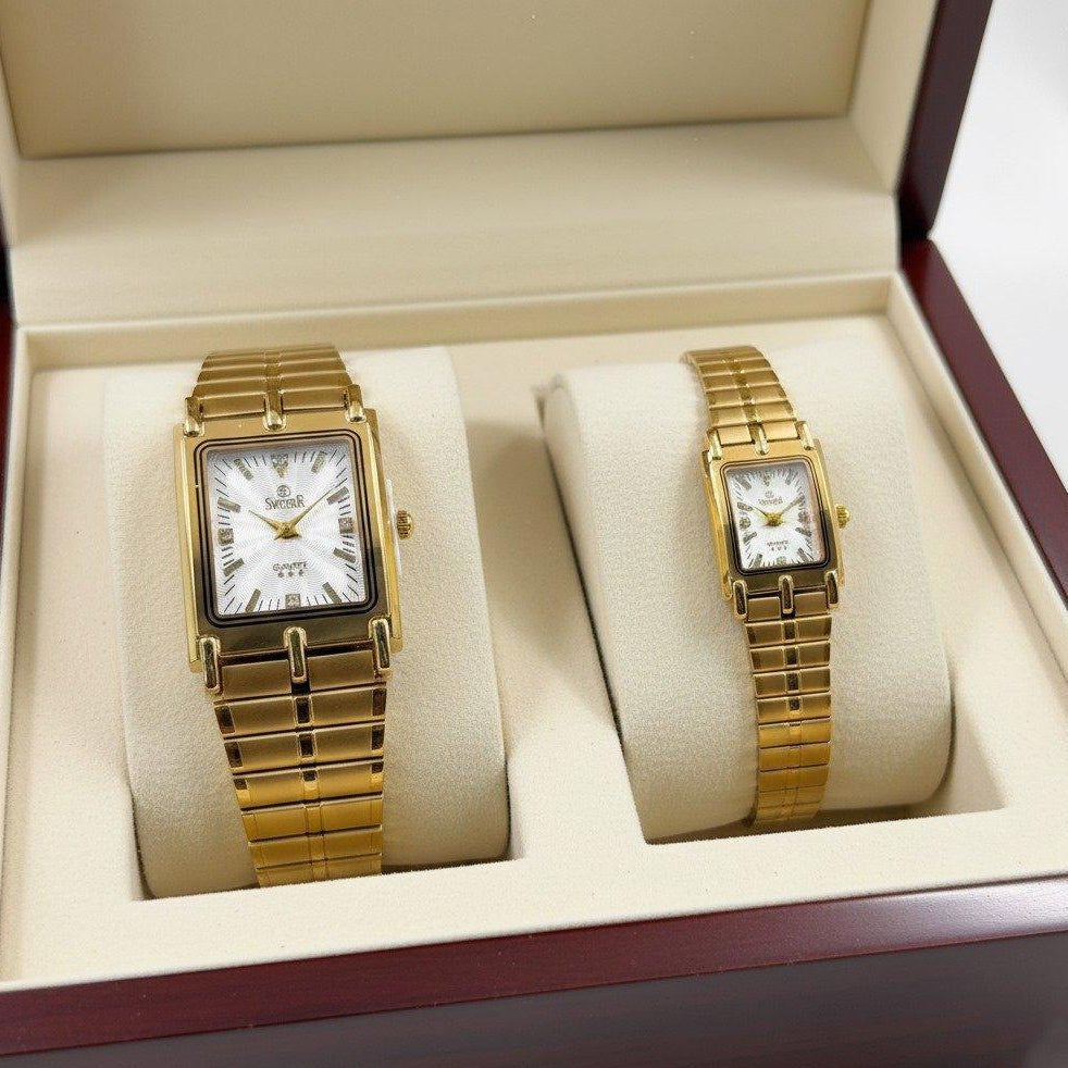 Rectangle Bezel Stone Dial Couple Watch