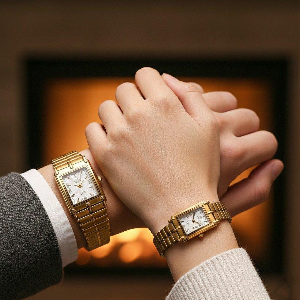 Rectangle Bezel Stone Dial Couple Watch