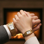 Rectangle Bezel Stone Dial Couple Watch