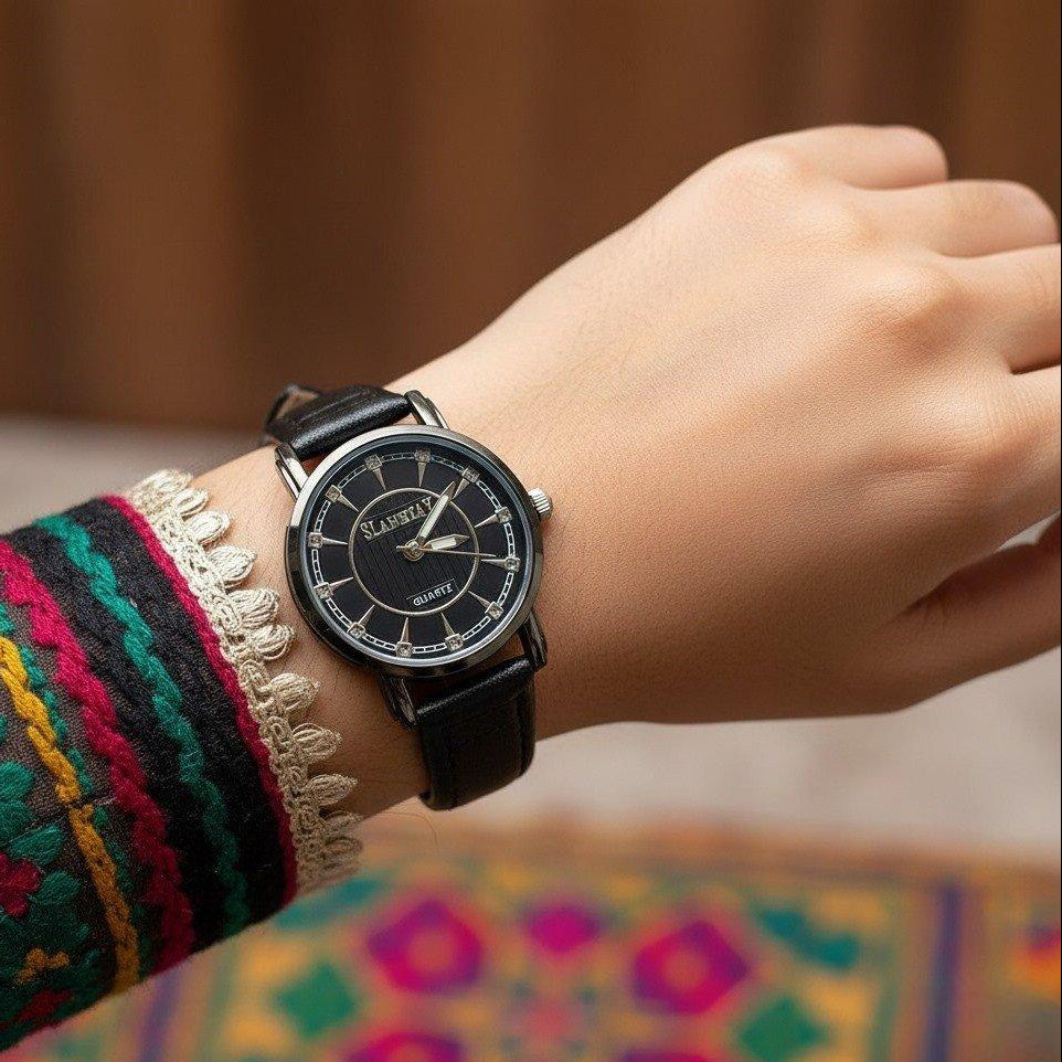 Round Black Bezel Dial Women's Watch