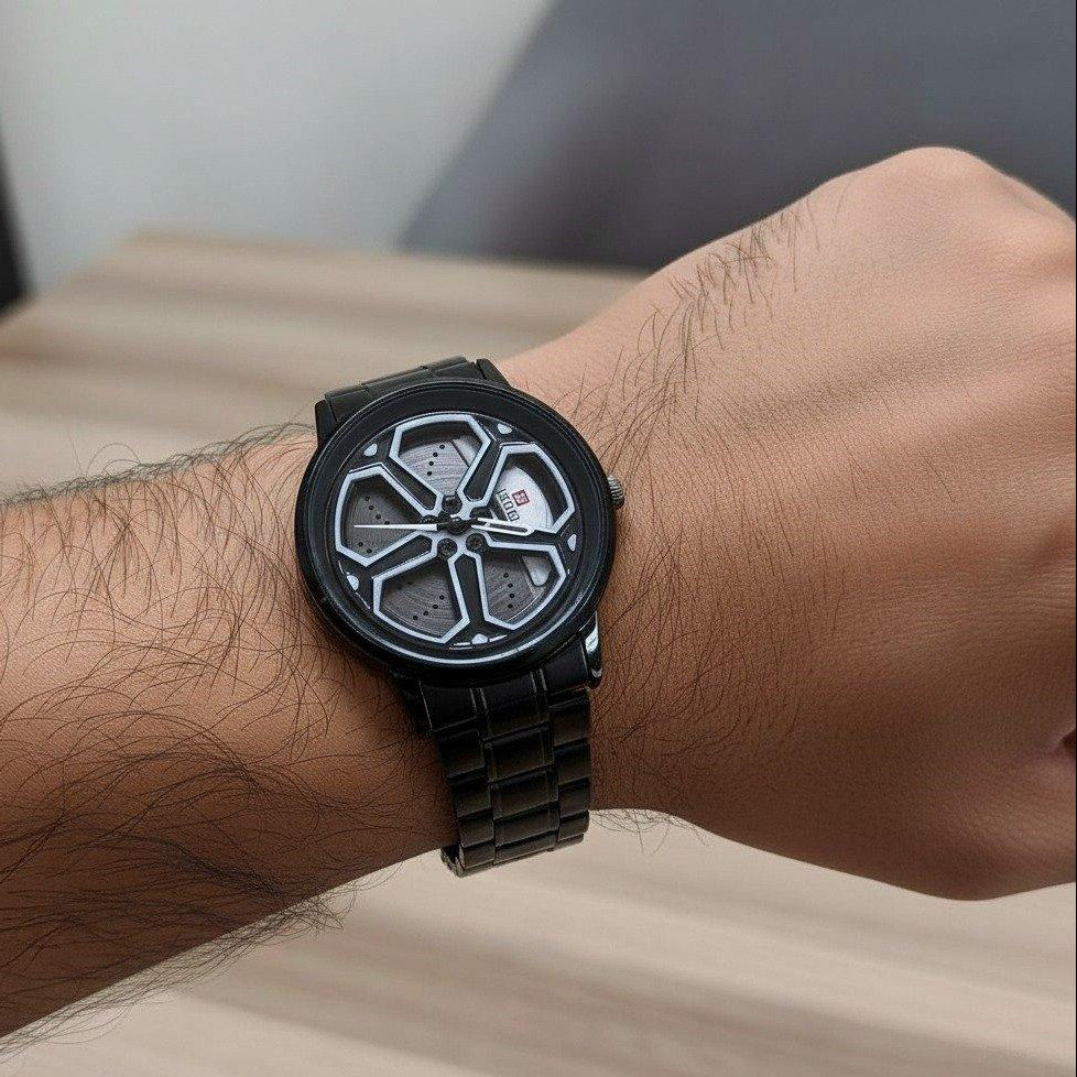 Round Car Wheel White Rim Men's Watch