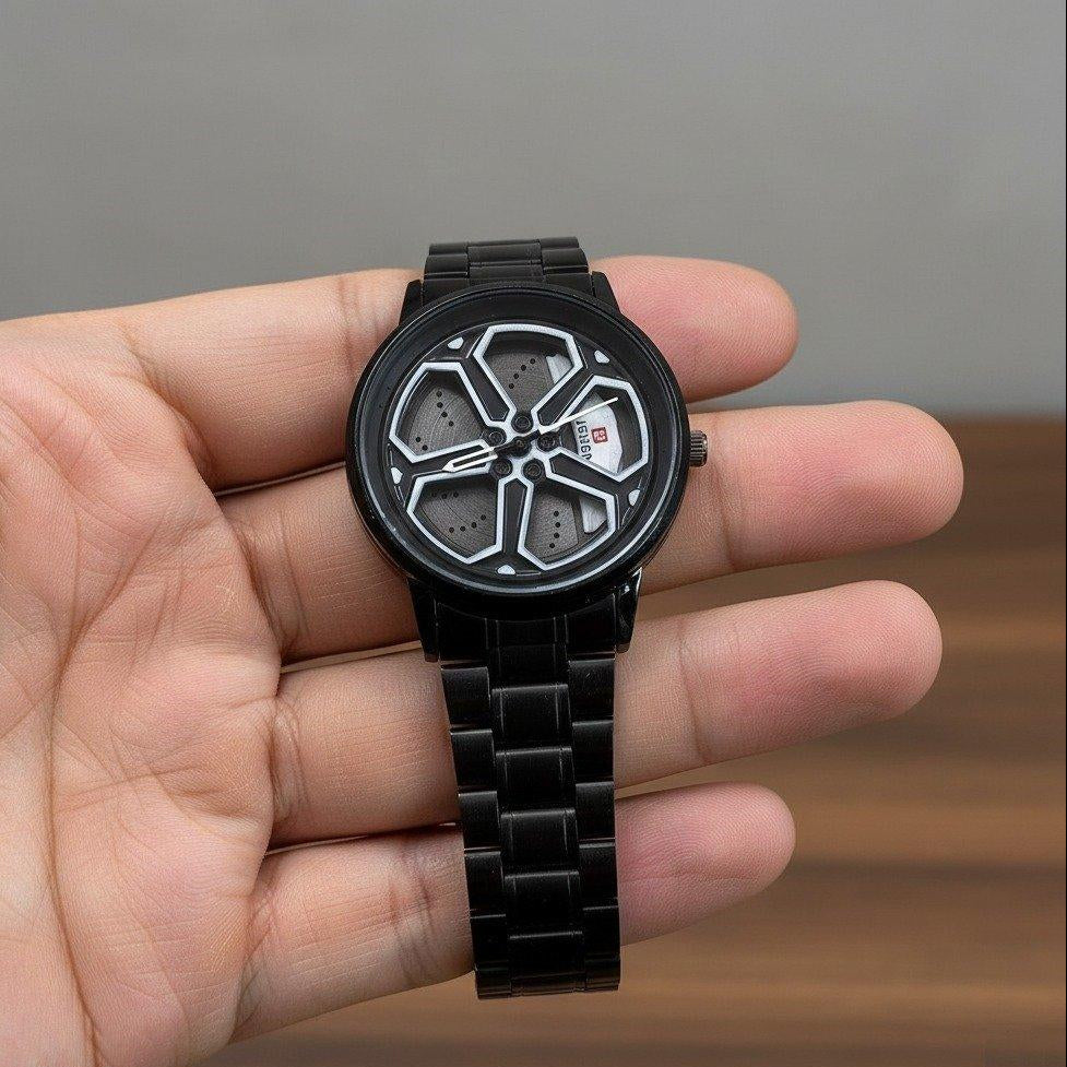 Round Car Wheel White Rim Men's Watch