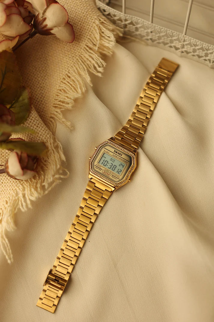 Gold-Tone Digital Women’s Watch with Crystal-Style Bezel