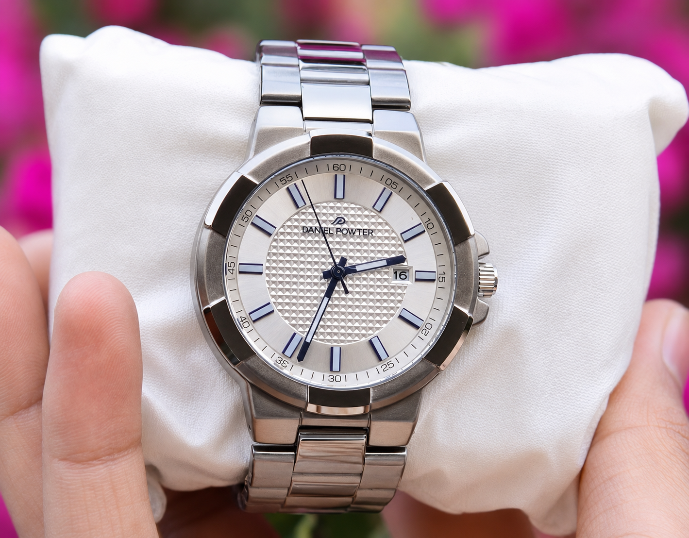 Silver Stainless Steel Watch with White Textured Dial