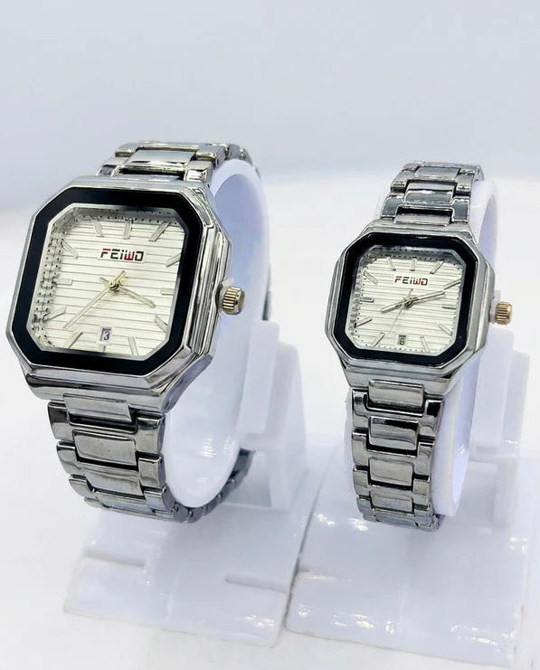 Square White Dial Couple Watch