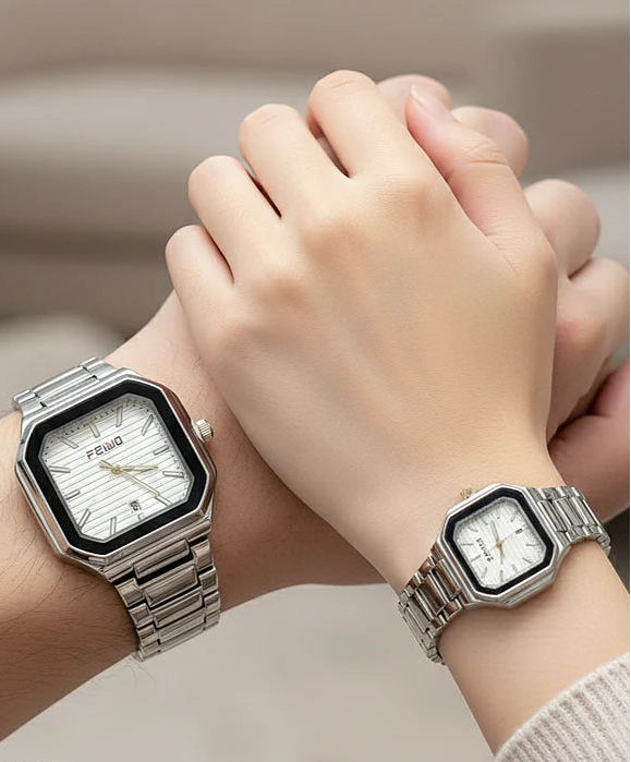 Square White Dial Couple Watch