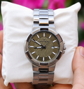 Silver Stainless Steel Watch with Textured Dial and Date Display