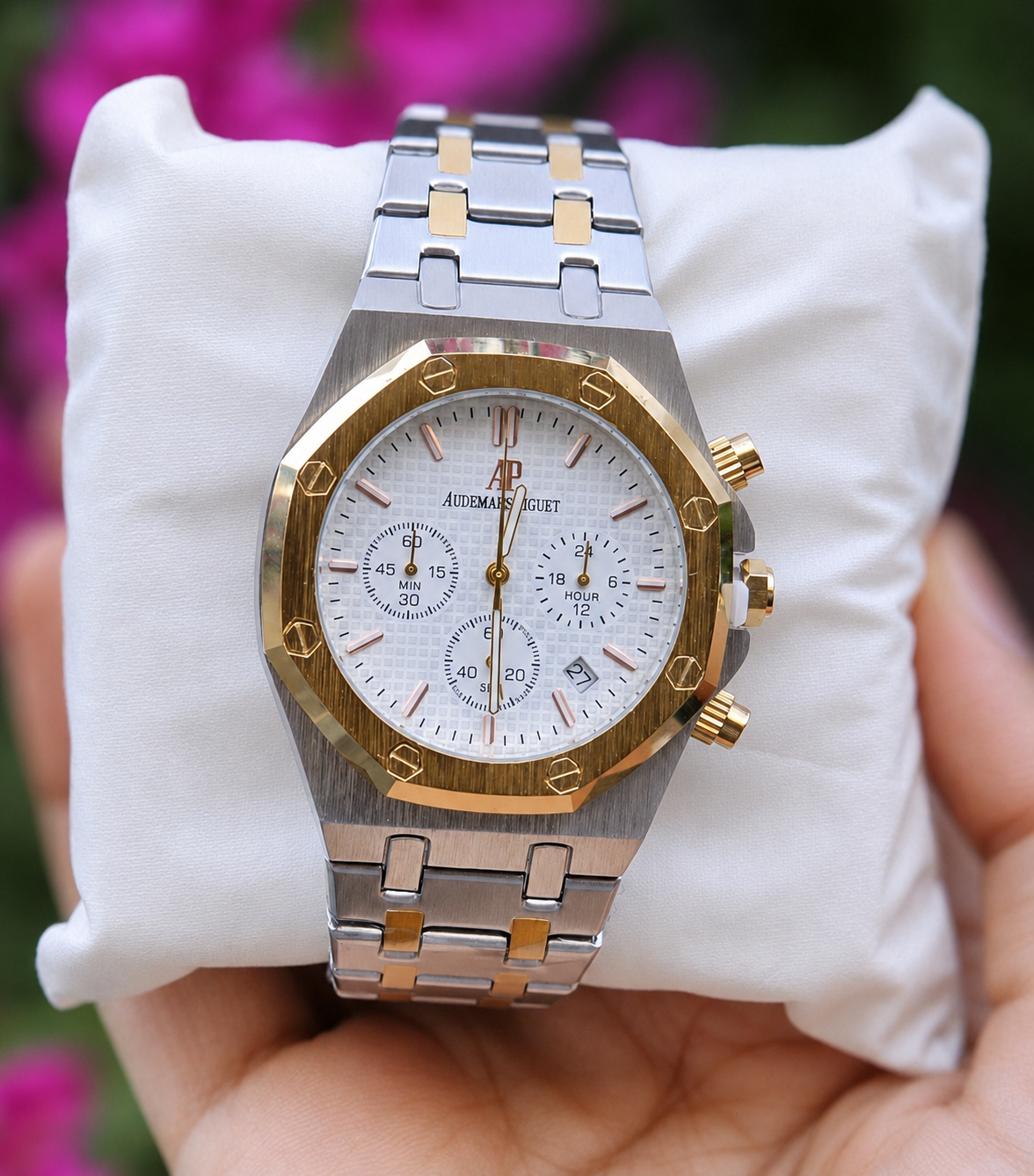 Two-Tone Chronograph Style Watch with White Textured Dial
