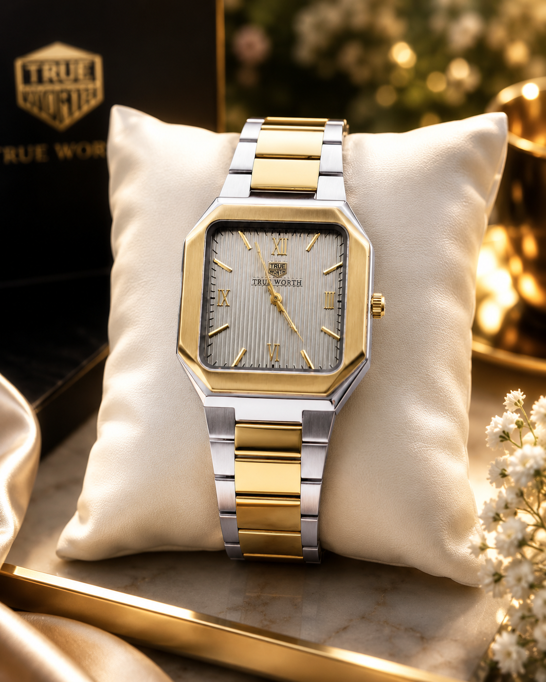 Two-Tone Square Dial Stainless Steel Watch with Roman Numeral Markers