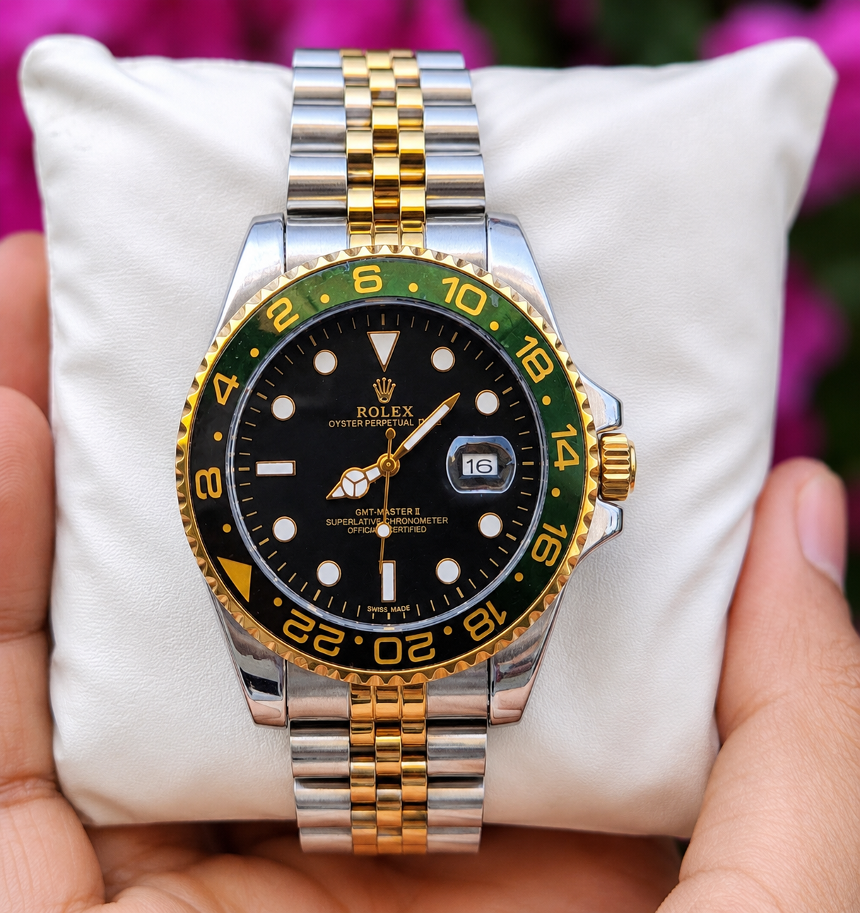 Two-Tone Stainless Steel Watch with Black Dial and Green Bezel