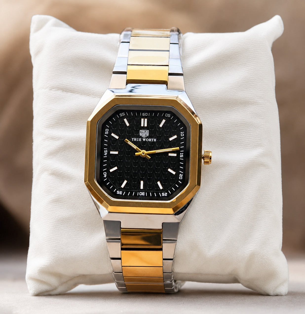 Two-Tone Stainless Steel Watch with Black Textured Square Dial