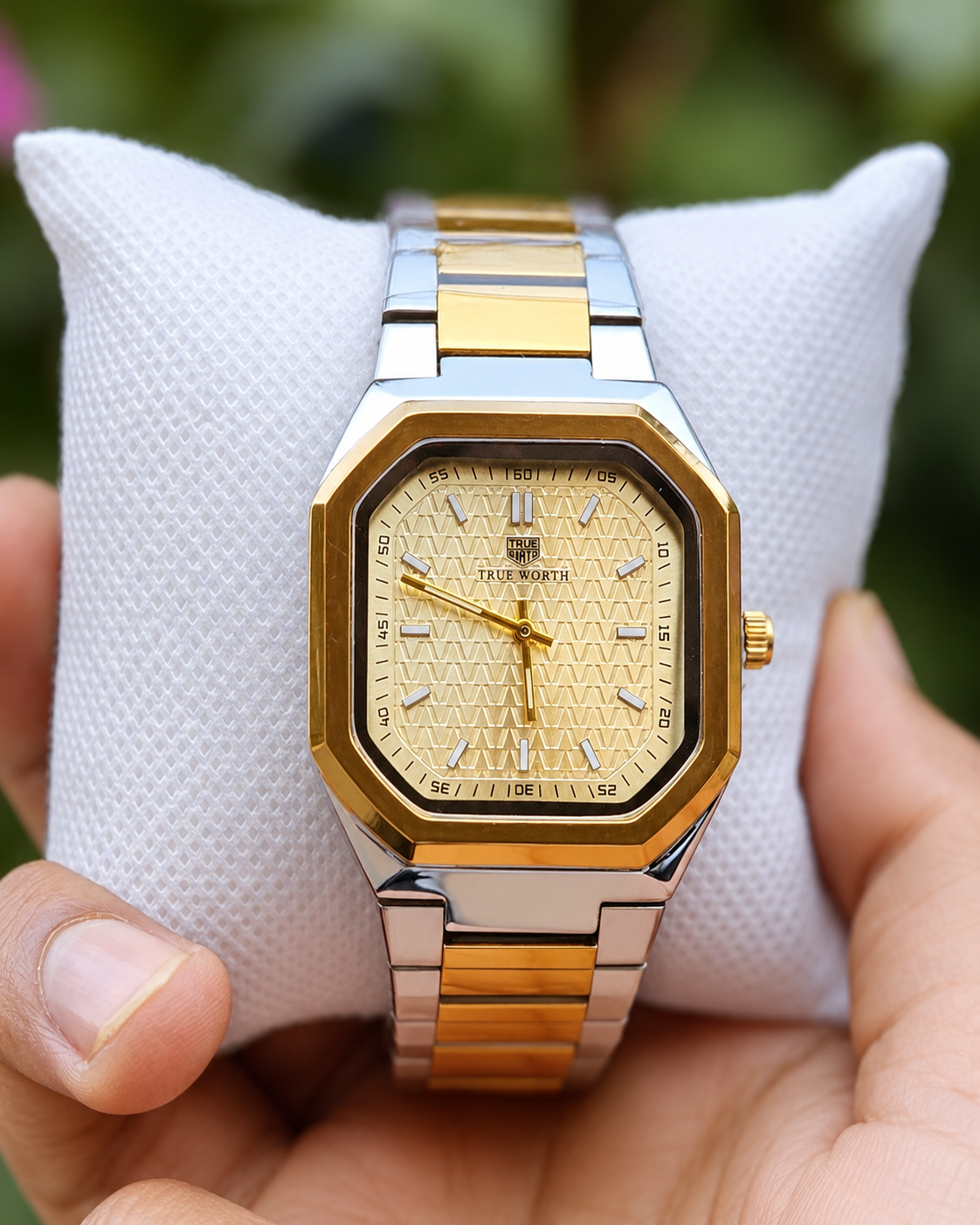 Two-Tone Stainless Steel Watch with Champagne Textured Square Dial