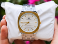 Two-Tone Stainless Steel Watch with White Dial and Gold Bezel