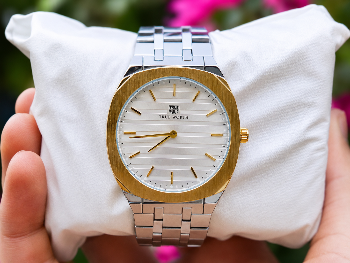 Two-Tone Stainless Steel Watch with White Dial and Gold Bezel