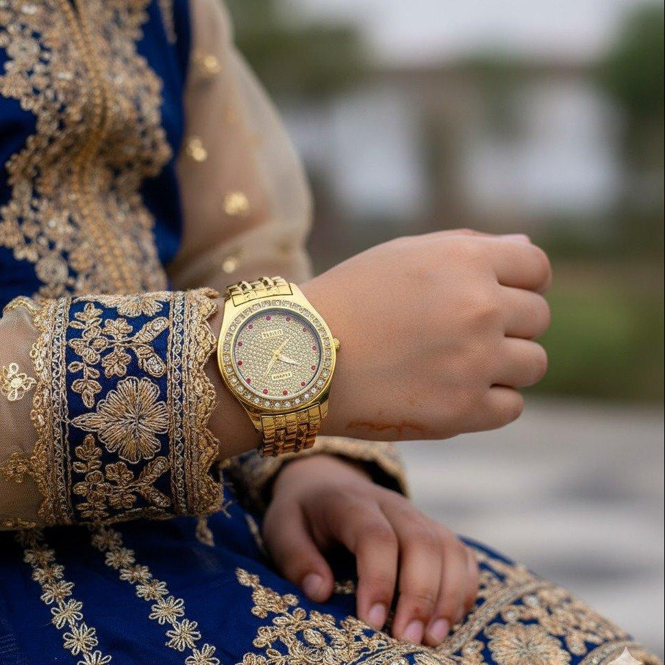 Round Bezel Red Stone Dial Women's Watch