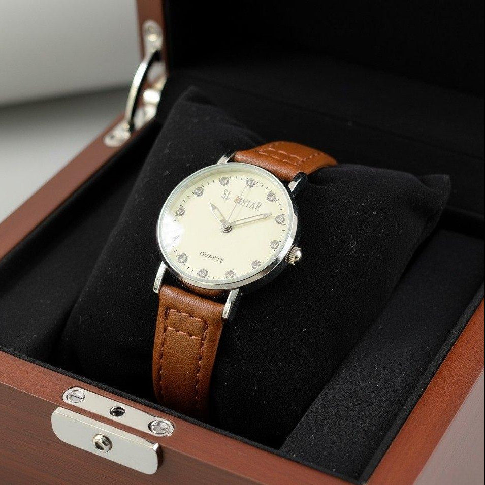 WHL Round Stone Silver Bezel Women's Watch