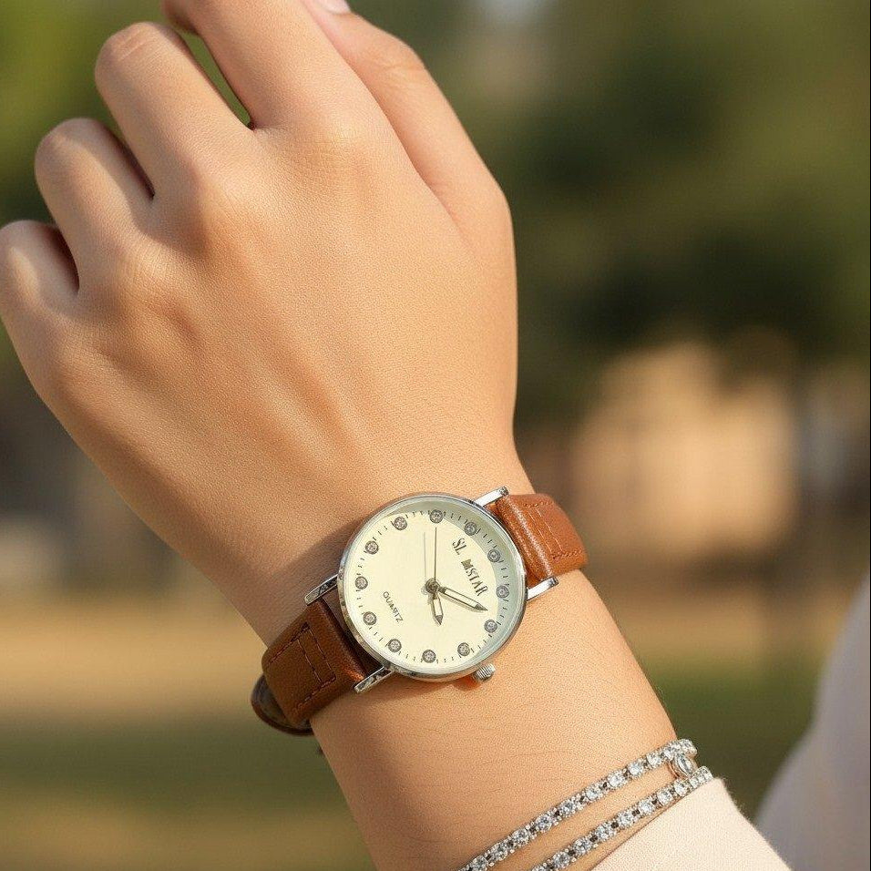 WHL Round Stone Silver Bezel Women's Watch
