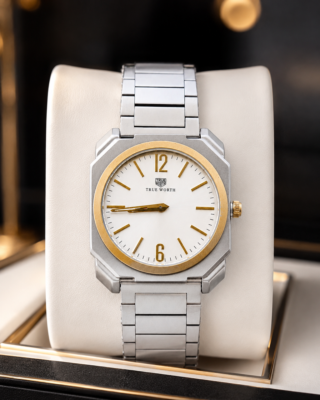 Silver Stainless Steel Watch with White Dial and Gold Accent Bezel